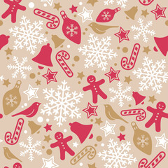 Christmas seamless pattern background with snowflakes, bells and birds. Winter holiday pattern.