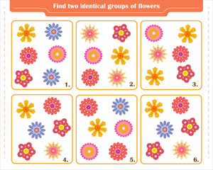 Fototapeta na wymiar A game for children. Development of attention. Find two identical groups of flowers