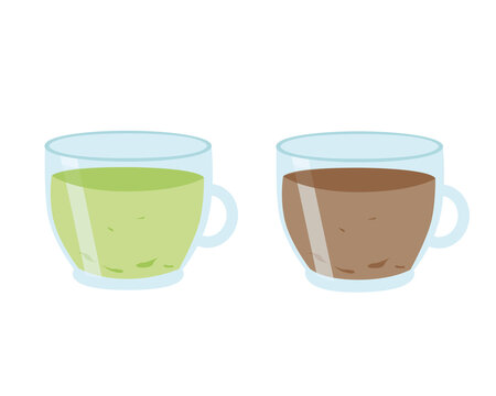Cups with green and black leaf tea