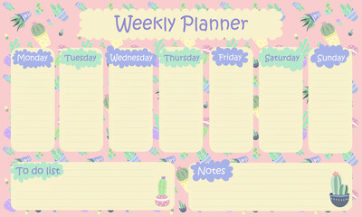 Weekly planner and to do list with a picture of a cactus. Vector.