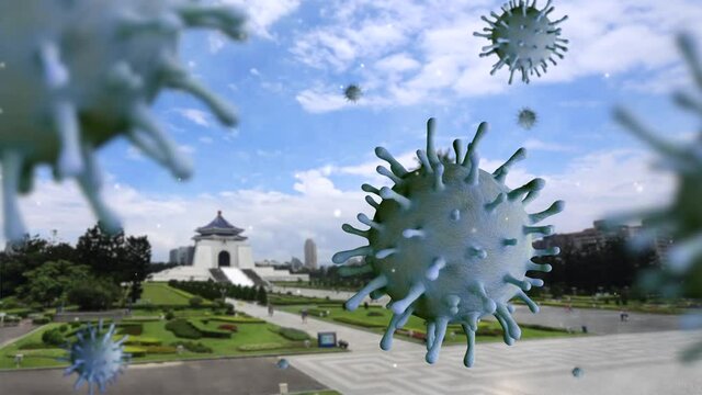 3D illustration flu coronavirus floating on landmark monument of Chiang Kai Shek memorial hall. Liberty Square at Taiwan and pandemic of Covid19 virus infection concept.-Dan