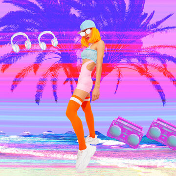 Contemporary Digital Collage Art. Fashion Girl Back In 90s. Pop Zine, Skate, Surf, Street, Urban Culture. Beach Vacation Party Vibes