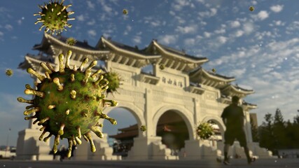 Fototapeta premium 3D illustration Covid 19 memorial hall Taipei. Paifang gate and the virus Taiwan
