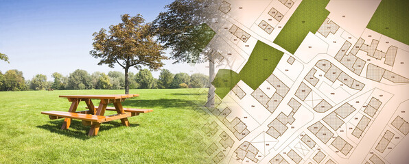 Wooden picnic table on a green meadow of a public park with trees against an imaginary city map...