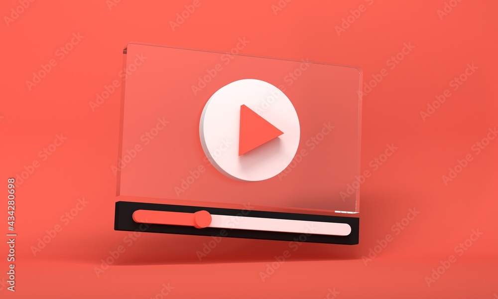 Poster glass video player on red background. 3d rendering