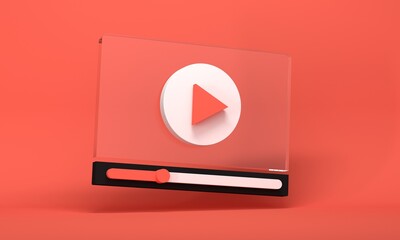 Glass video player on red background. 3d rendering - obrazy, fototapety, plakaty