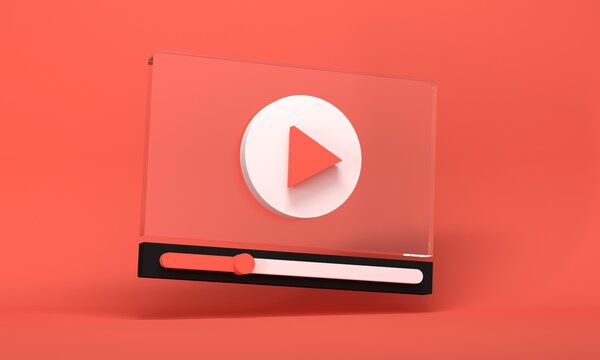 Glass video player on red background. 3d rendering