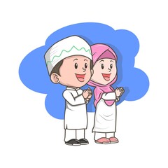 Happy muslim kids cartoon vector illustration. Muslim couples bless Eid