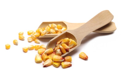 Corn kernels in wooden spoon isolated on white background