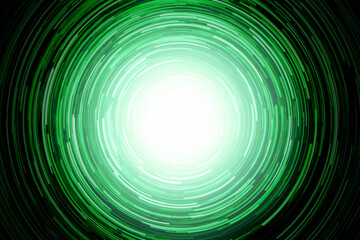 Green vortex spiral. Neon circle lines isolated on black background. Light ring pattern. Colorful led lights long exposure rotation photo. Shiny light source. Cosmos space planet abstraction. 