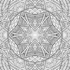 Square tile style boho, zentangle, doodle. Black pattern on white background. Floral pattern. Abstract icon. Geometric art poster. Old wallpaper. Geometric frame. Minimal, retro style. 