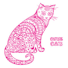Cat. Zentangle. Hand drawn cat with abstract patterns on isolation background. Design for spiritual relaxation for adults. Art creative. Outline for tattoo, printing on t-shirts, posters and other