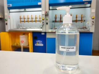 Malaysia, Perak, 30 April 2021: A bottle of hand sanitizer placed on a table in a laboratory.