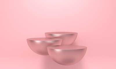 Three metallic flying podiums for cosmetics on pink background. 3d rendering