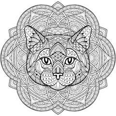 Patterned cat, kitty head in the zentangle style of a white background passing. Tribal ornament painted by hand. Coloring Cat. Series ethnic animals. African, Indian. Mandala. Ornament. Illustration