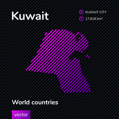 Vector creative digital neon flat line art abstract simple map of Kuwait with violet, purple, pink striped texture  on black background. Educational banner, poster about Kuwait