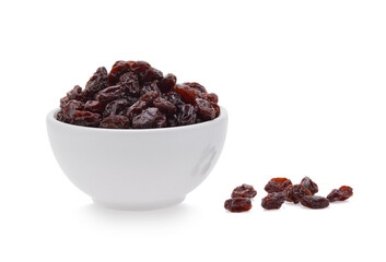 Dried raisins in bowl isolated on white background - obrazy, fototapety, plakaty