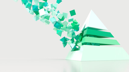 Abstract creative modern light green mint 3d background three-dimensional paramid exploding flying out of it small particles of the piramid . 3d illustration