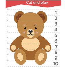  Math puzzle for children. We cut and play. We count to 10. Bear