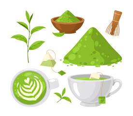 Matcha tea. Vector set of organic tea matcha powder, tea leaves, matcha latte, whisk, tools for Japanese ceremony. Matcha green tea ceremony. Healthy drink. Japanese ethnic and national tea 