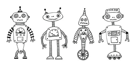 Vector set of robots isolated on white background.