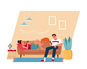 Happy couple lying on sofa and looking at smartphone. People using mobile phones at home during resting or working. Men and women with digital addiction. Flat vector illustration isolated on white.