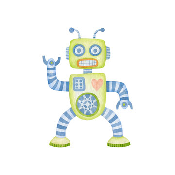 Watercolor robot isolated on white background.