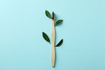 Eco friendly toothbrush with toothpaste and leaves on blue background