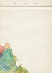 A sheet of notebook stained with multicolored watercolors. Artistic template for creative design.