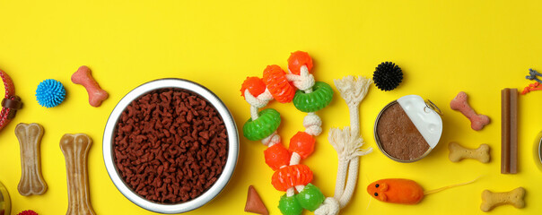 Pet accessories on yellow background, top view
