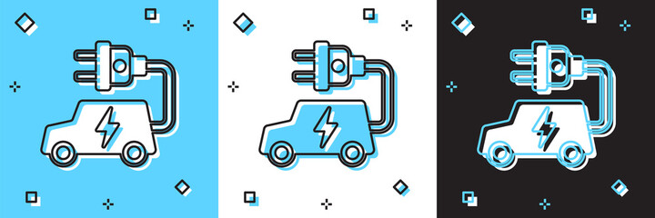 Set Electric car and electrical cable plug charging icon isolated on blue and white, black background. Renewable eco technologies. Vector