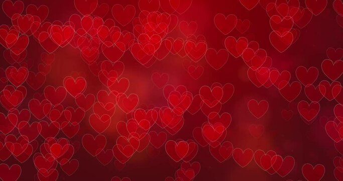 4k Seamless looped video. Abstract  flying  hearts on red background. Valentines day concept