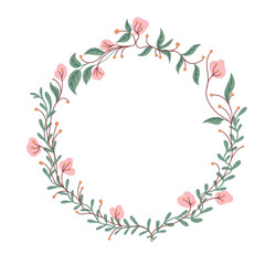 Vector pink flower garland isolated on white background with empty space in the middle for text