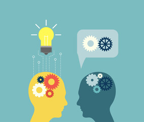 Heads of Business People with Mechanical Gear and Speech Bubble Discussing Cooperation