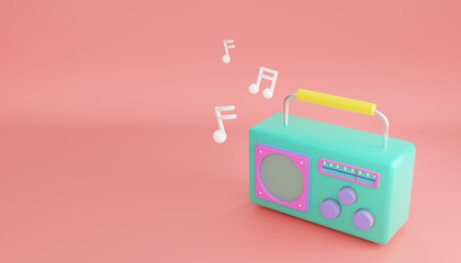 3d rendering. Minimal concept. cartoon green colored retro radio isolated on pink background.