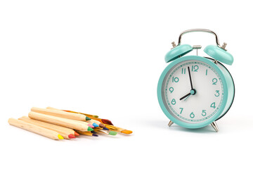 Stationary, back to school, summer time, creativity and education concept. Supplies- Scissors, pencils on white background.