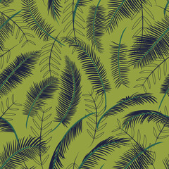 Seamless pattern with palm branches. Tropical texture. Fashionable design for fabric, clothing. Palm tree, silhouette tropical leaves  on a green background. Jungle, Hawaii print