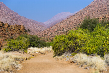 Mountain landscape in Brandberg mountain area near bushmen rock paintings "White Lady" in Namibia.