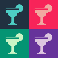 Pop art Margarita cocktail glass with lime icon isolated on color background. Vector