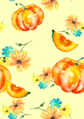 seamless watercolor pattern of plants.Herbs,flowers, chamomile, flowers watercolor. flowers calendula. drawing of calendula, marigolds.harvest of pumpkin. Slice the pumpkin pulp