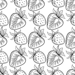 Strawberry berry seamless pattern. Hand drawn vector illustration fresh organic healthy fruit. Sweet Strawberry background.