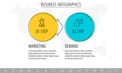 Vector infographics or timeline two circles cards connected by arrows. Business concept of 2 steps. Design template for diagram, presentations, levels, chart, processes diagram