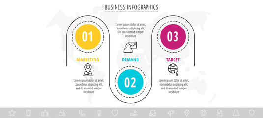 Modern and line vector infographic with icons and three steps. Circles with thin lines for the application, website, interface, chart, diagram, banner, presentations on a white isolated background