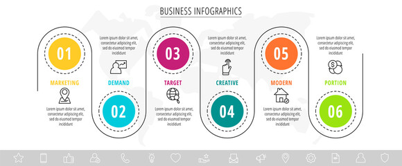 Modern and line vector infographic with icons and six steps. Circles with thin lines for the application, website, interface, chart, levels, banner, presentations on a white isolated background