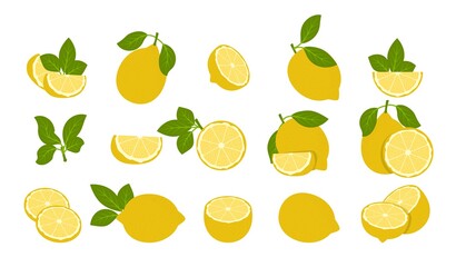 Lemon fruits isolated on white. Whole and Halved Lemon Citrus Fruit with Juicy Flesh and Green Leaves Vector Set. Organic vegetarian fresh food. Vitamin tropical juicy citrus.