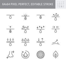 Cosmetic properties line icons. Vector illustration include icon - whitening, acne, moisturizing, cosmetic, gel, pimple, outline pictogram for skincare product. 64x64 Pixel Perfect, Editable Stroke - obrazy, fototapety, plakaty