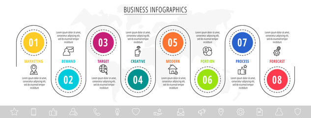 Modern and line vector infographic with icons and 8 steps. Circles with thin lines for the application, website, interface, chart, levels, diagram, banner, presentations on a white isolated background