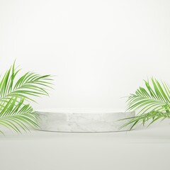 Mockup podium for product presentation, white scene stone marble with nature leaves. 3D rendering