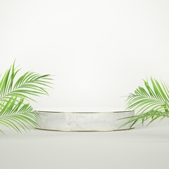Mockup podium for product presentation, white scene stone gold frame with nature leaves. 3D rendering