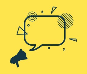 Speech bubble and loudspeaker in flat style. Black rectangular frame with abstract geometric shapes. Empty banner with outline elements on yellow background. Vector card illustration.